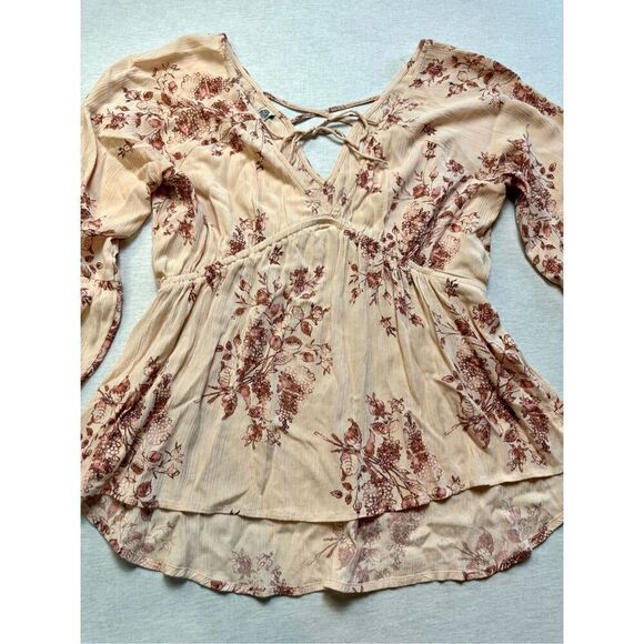American Rag Cie Dusty Pink Floral Boho Elastic Waist Peasant Blouse Gypsy Size - Picture 2 of 7
